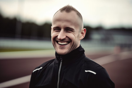 Portrait of a smiling male athlete standing on a running track.の素材
