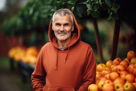 Elderly man in a red hoodie on the background of orangesの素材