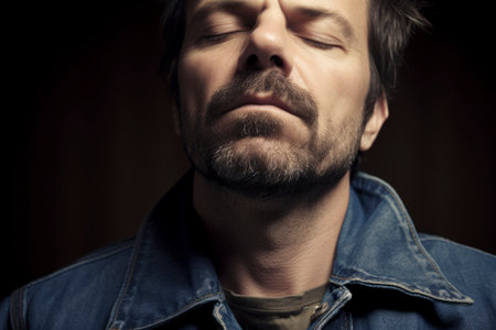 portrait of a man with a beard and mustache in a denim jacketの素材