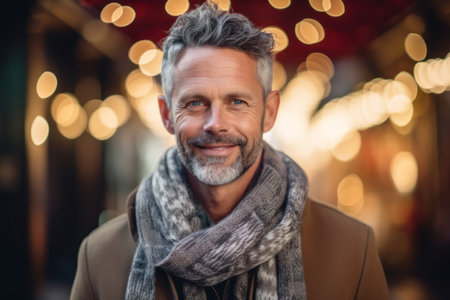 Portrait of handsome mature man wearing scarf and coat at christmas marketの素材