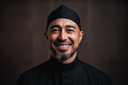 Portrait of a smiling muslim man wearing a black t-shirtの素材