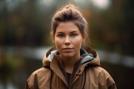 Portrait of a beautiful young woman in a brown jacket on a background of autumn parkの素材