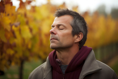 Portrait of a handsome mature man in an autumn park, looking awayの素材