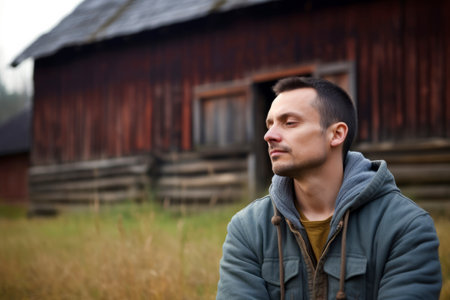 Portrait of a young man on the background of an old wooden houseの素材