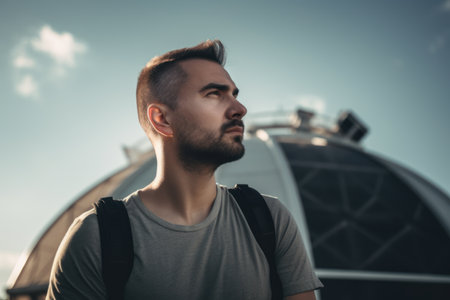 Portrait of a handsome young man with a backpack standing in front of the observatory.の素材
