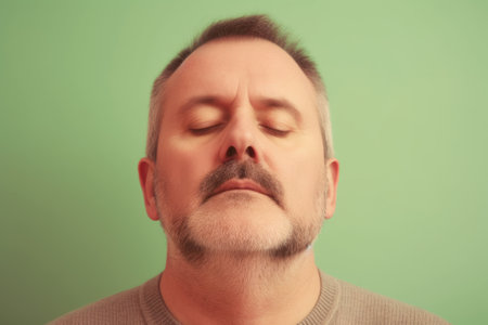 Portrait of a middle-aged man with a beard and mustache on a green backgroundの素材