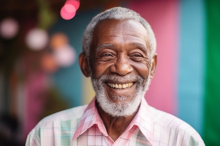 Portrait of smiling senior man standing in front of camera at homeの素材