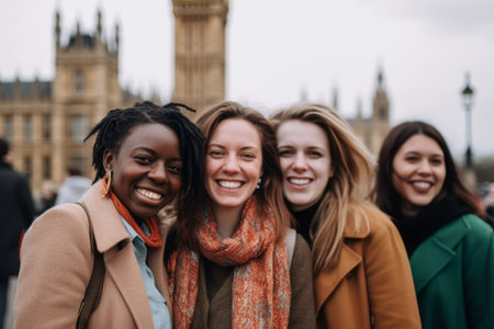 Group of happy young women in front of Big Ben, London, UKの素材