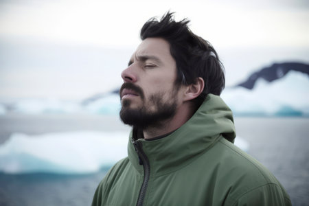 Portrait of a bearded man in a green jacket against the backdrop of icebergs.の素材