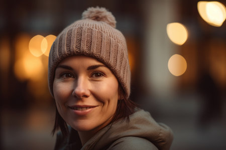 Portrait of a smiling young woman in a knitted hat and coat in the city.の素材