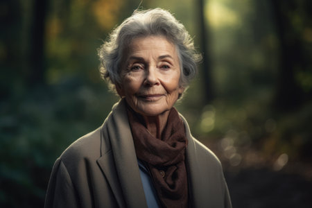Portrait of a beautiful senior woman in the forest. Selective focus.の素材