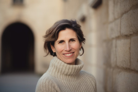 Portrait of smiling mature woman standing in front of a stone wallの素材