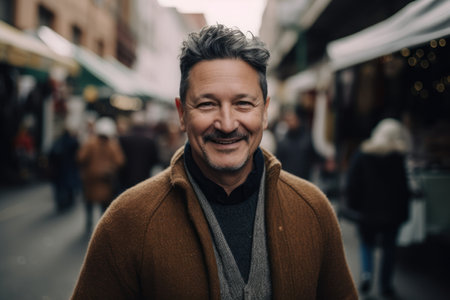 Portrait of a smiling middle-aged man in a city streetの素材