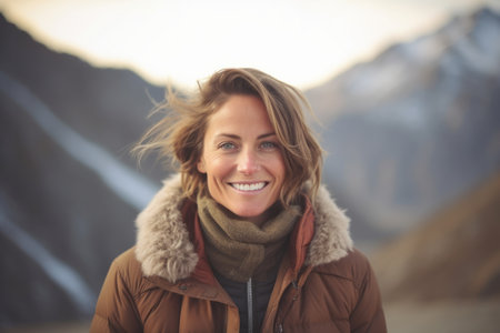 Portrait of smiling woman with hair blowing in the wind against snowy mountainsの素材