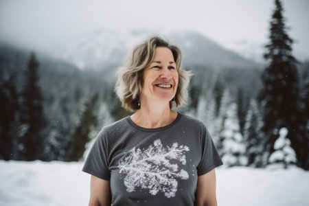 Portrait of a beautiful woman on a background of snowy mountains.の素材