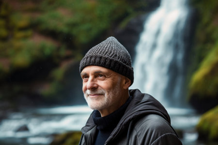 Portrait of a smiling senior man standing in front of a waterfallの素材