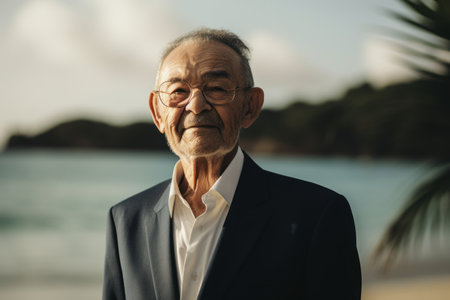 Portrait of an old man in a suit on the beach.の素材