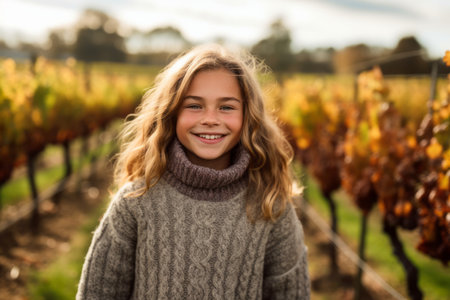 Portrait of smiling little girl in vineyard on a sunny dayの素材