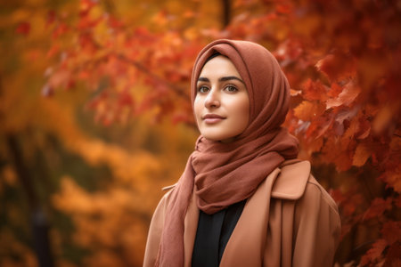 Portrait of beautiful muslim woman with hijab in autumn park.の素材