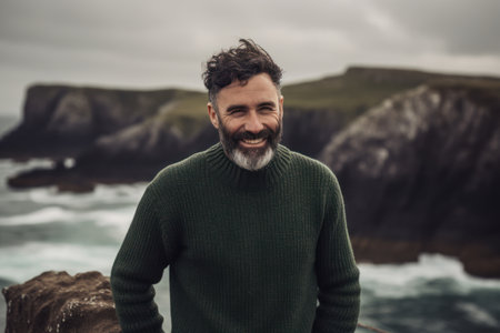 Portrait of a smiling bearded man in a green sweater standing on a cliff by the seaの素材