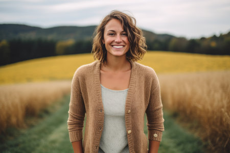 Portrait of a smiling young woman standing in the middle of a wheat fieldの素材