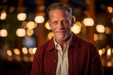 Portrait of a smiling senior man standing in a pub, looking at the camera.の素材