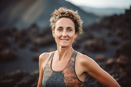 Portrait of smiling senior woman standing in front of volcanic landscape.の素材