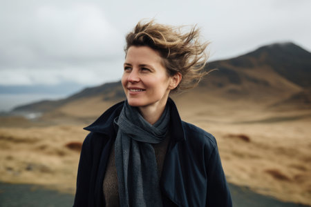Portrait of a beautiful woman with hair in the wind in Icelandの素材