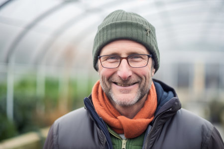 Portrait of smiling man wearing hat and scarf in a greenhouse.の素材