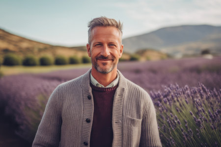Portrait of handsome middle-aged man standing in lavender fieldの素材