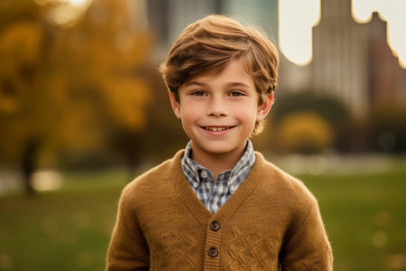 Portrait of a cute little boy in the park on an autumn dayの素材