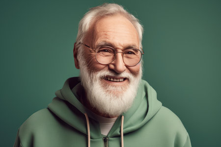 Portrait of a smiling senior man in green hoodie and glasses isolated over green backgroundの素材