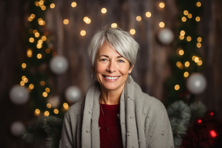 Portrait of a beautiful middle-aged woman in front of a Christmas treeの素材