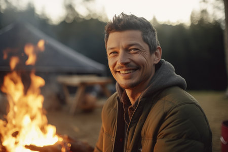 Portrait of smiling man sitting near bonfire at campsite in eveningの素材