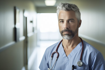 Portrait of mature male doctor standing in corridor at hospital. Healthcare and medicine.の素材