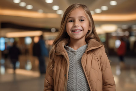 Portrait of a cute little girl in a shopping center, indoorの素材