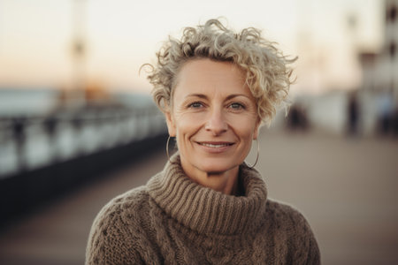 Portrait of a smiling middle-aged woman standing on the promenadeの素材
