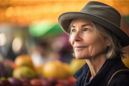 Portrait of smiling senior woman in hat looking away at market stallの素材