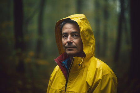 Portrait of a man in a yellow raincoat in the forestの素材