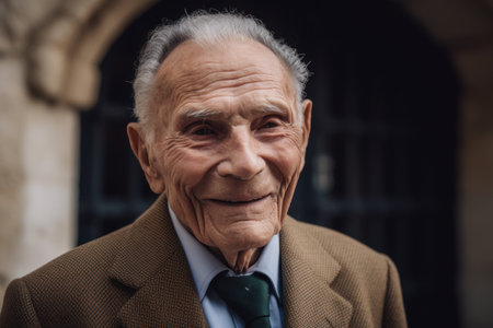 Portrait of an old man in a suit and tie standing outdoorsの素材