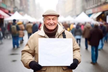 Senior man holding a blank sheet of paper on the street in winterの素材