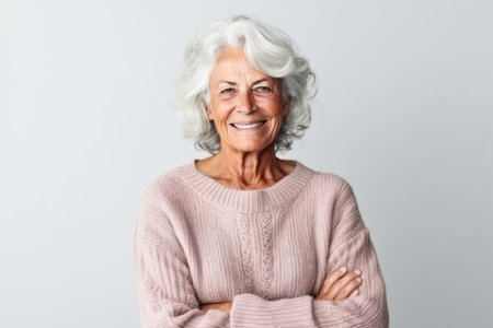 Portrait of smiling senior woman with arms crossed isolated on gray backgroundの素材