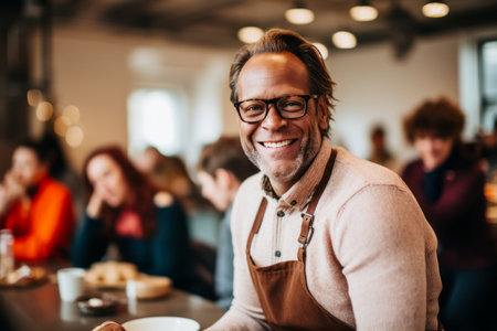 Portrait of mature man in eyeglasses smiling at camera while sitting in cafeの素材