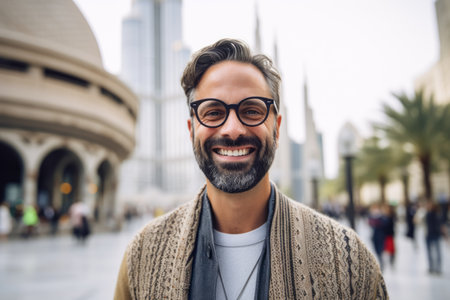 Portrait of handsome man with beard and eyeglasses in Dubai, United Arab Emiratesの素材