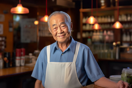Portrait of smiling senior man in apron looking at camera in cafeの素材
