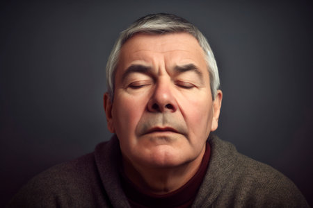 Portrait of an elderly man with gray hair in a gray sweaterの素材