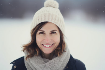 Portrait of a beautiful woman in a hat and scarf on a winter backgroundの素材