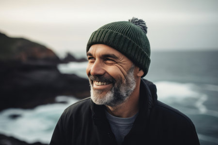 Portrait of a smiling bearded man in a hat and jacket standing on the seashore at sunsetの素材