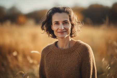 Portrait of a smiling middle-aged woman in a knitted sweater in a wheat field.の素材