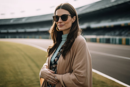Portrait of a beautiful young woman in coat and sunglasses on the stadiumの素材